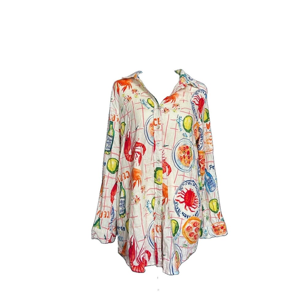 Calypso St. Barth Seafood Lemon Print Cover Up Medium Linen Summer Vacation Pool